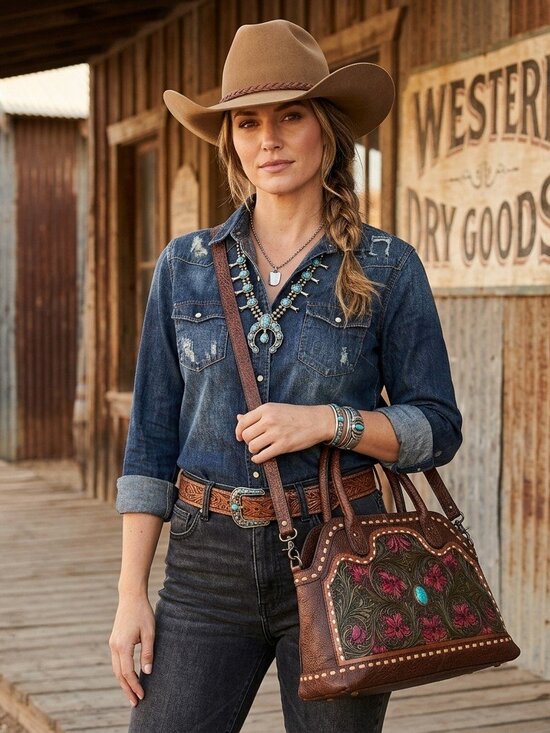 American Darling Handbags - American Darling Boho Bloom Tooled Leather Satchel